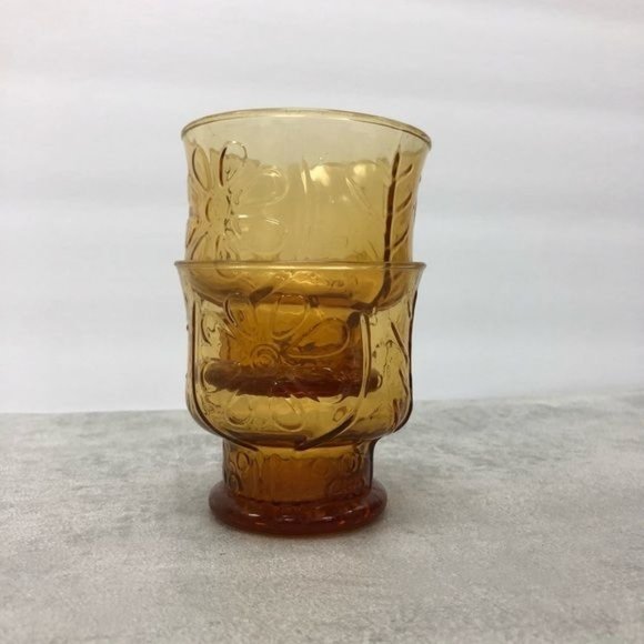 MCM Vintage Libbey Ombré Amber Daisy Floral Glass Tumbler Cups - Set of 2 - Picture 3 of 8